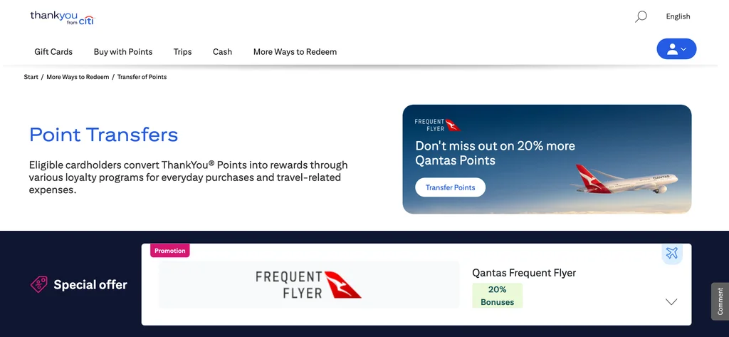 CitiThank You 20% Bonus to Qantas