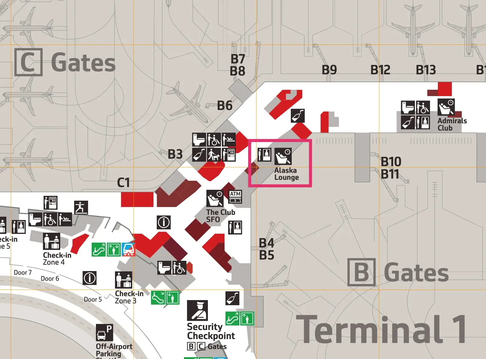 SFO Terminal 1 Map - Alaska Airlines Lounge