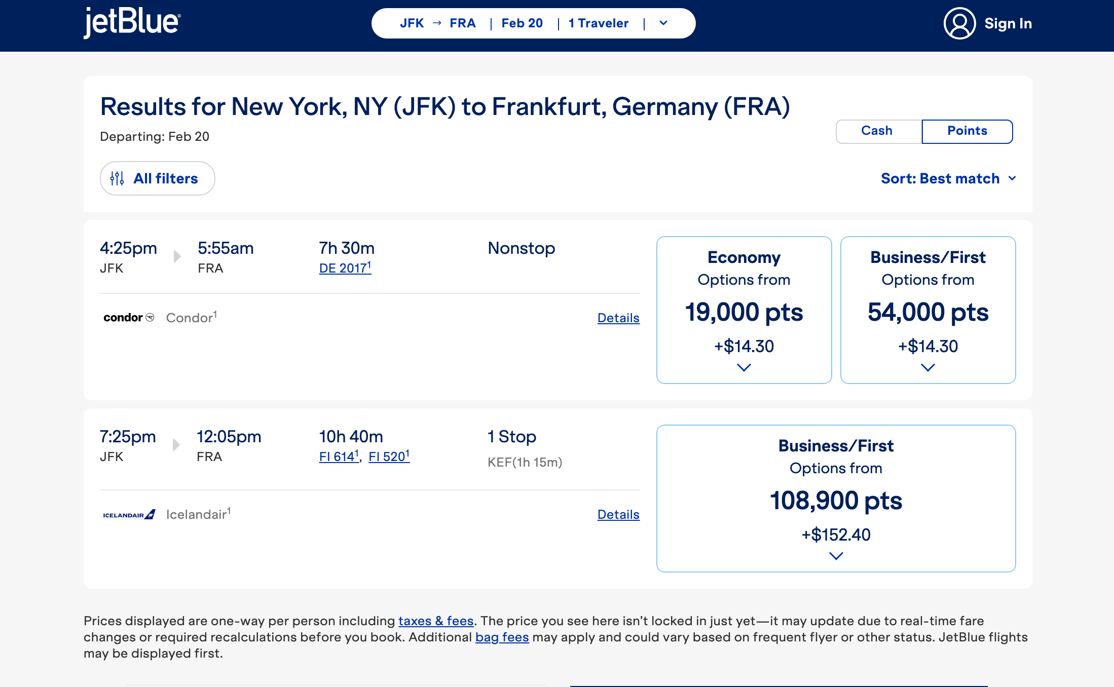 Condor Business Class for just 54,000 JetBlue Points